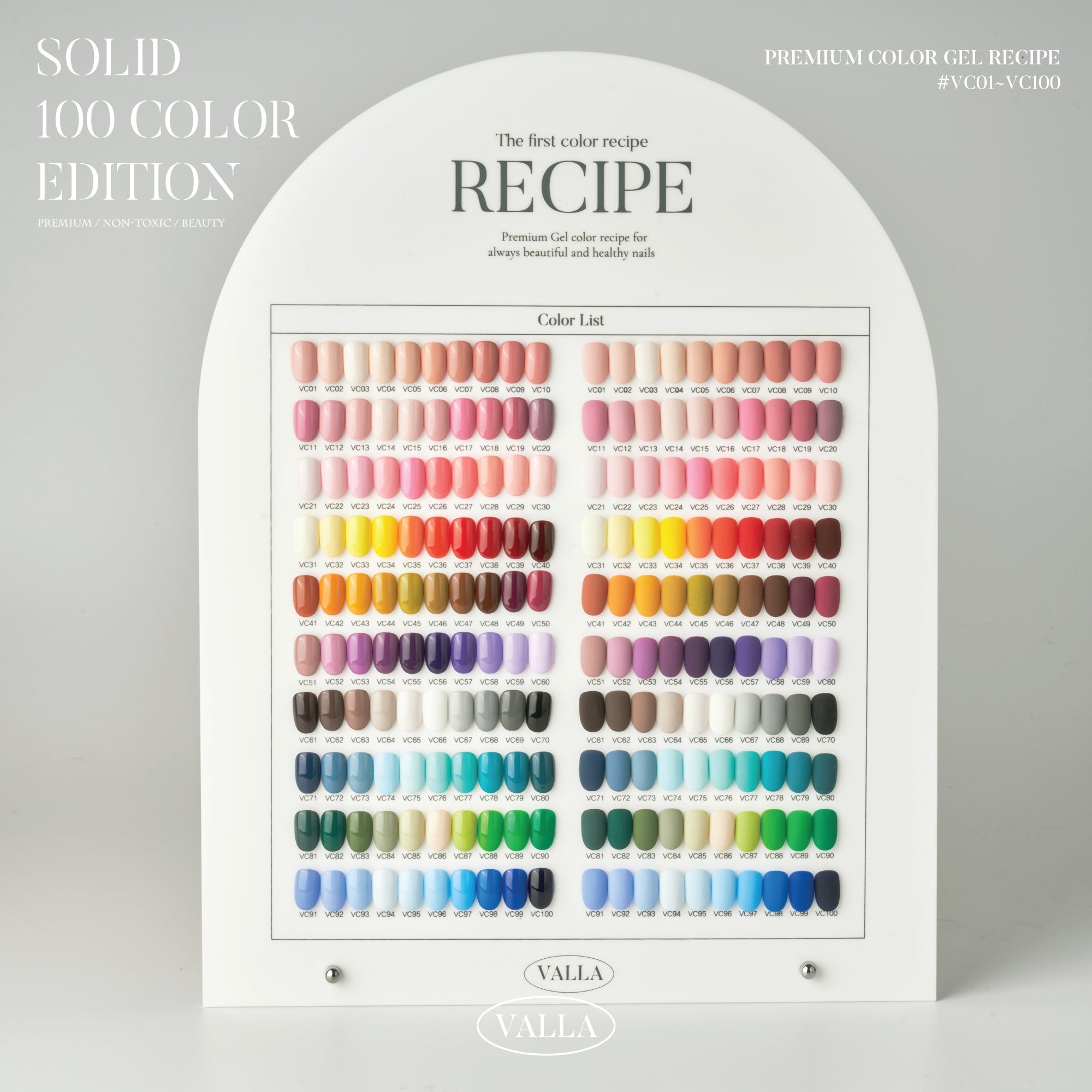 [PRE-ORDER ONLY] Valla Solid 100pc Non-Wipe Opaque Gel Collection (Includes 1 Top Gel, 1 Matte Top and Solid Colour Chart Board)